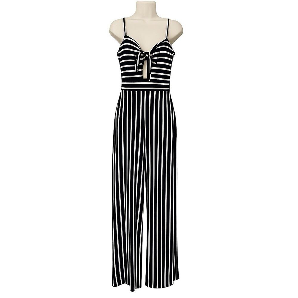 Poof New York Stripe Jumpsuit Wide Leg Tie Front NWT Black White Womens Small